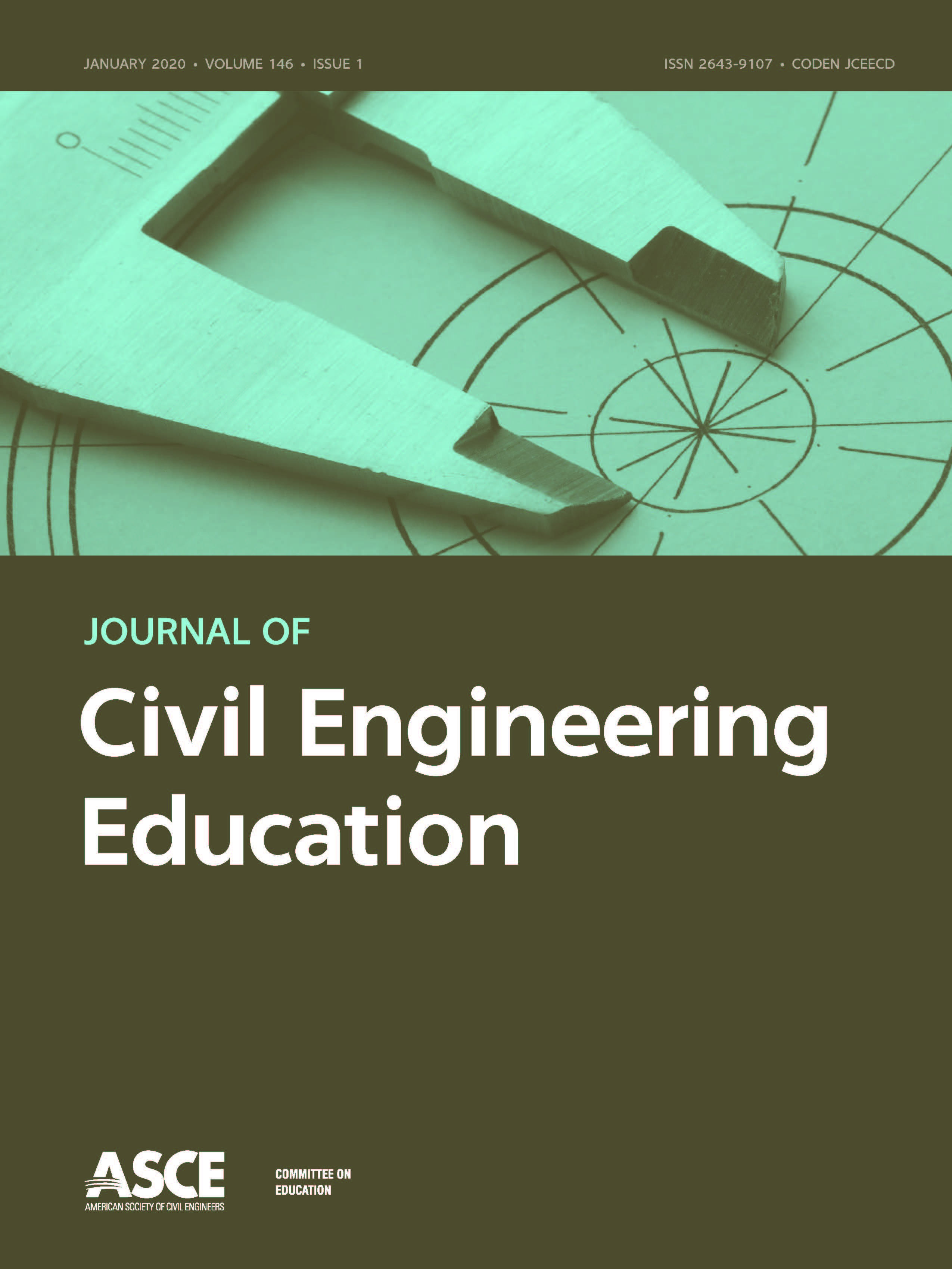 Journal of Civil Engineering Education cover with an image of calipers on a brown background. The journal title and ASCE logo are also on the cover.